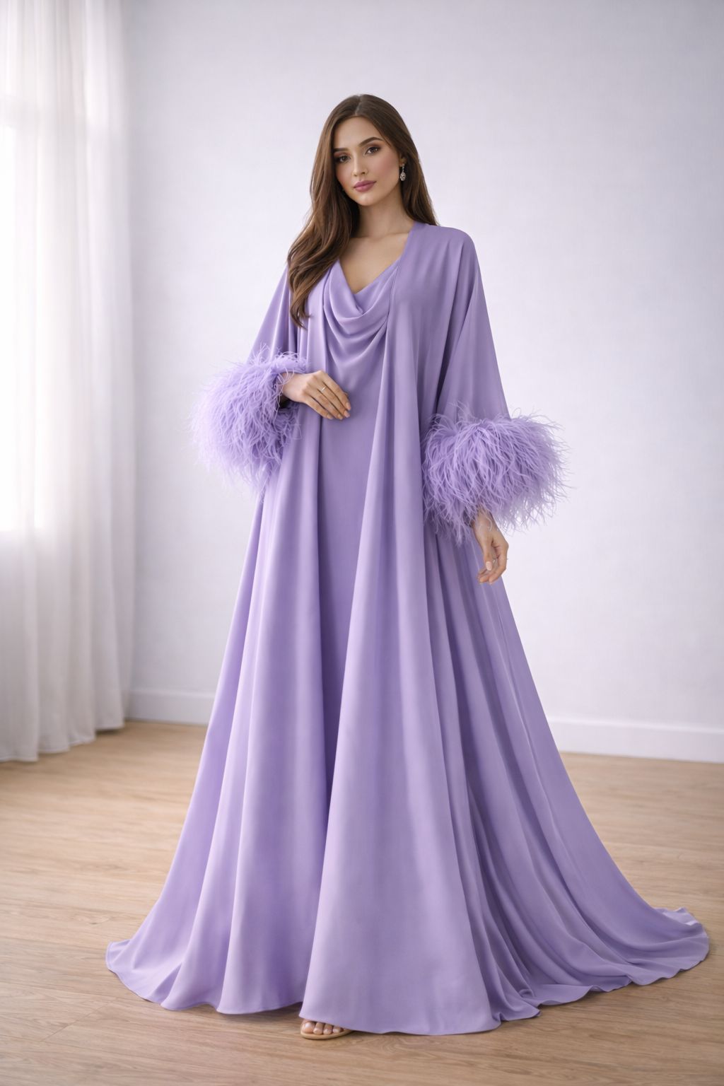 Purple Feathered Sleeved Gown - Lila Reve