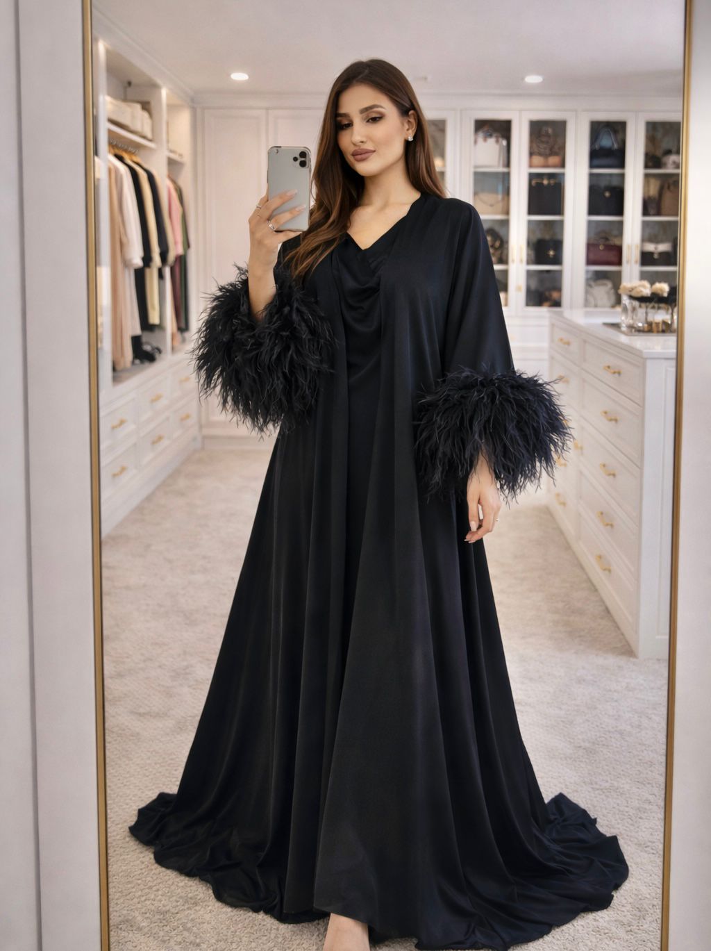 Black Feathered Sleeve Gown - Noir Elegance