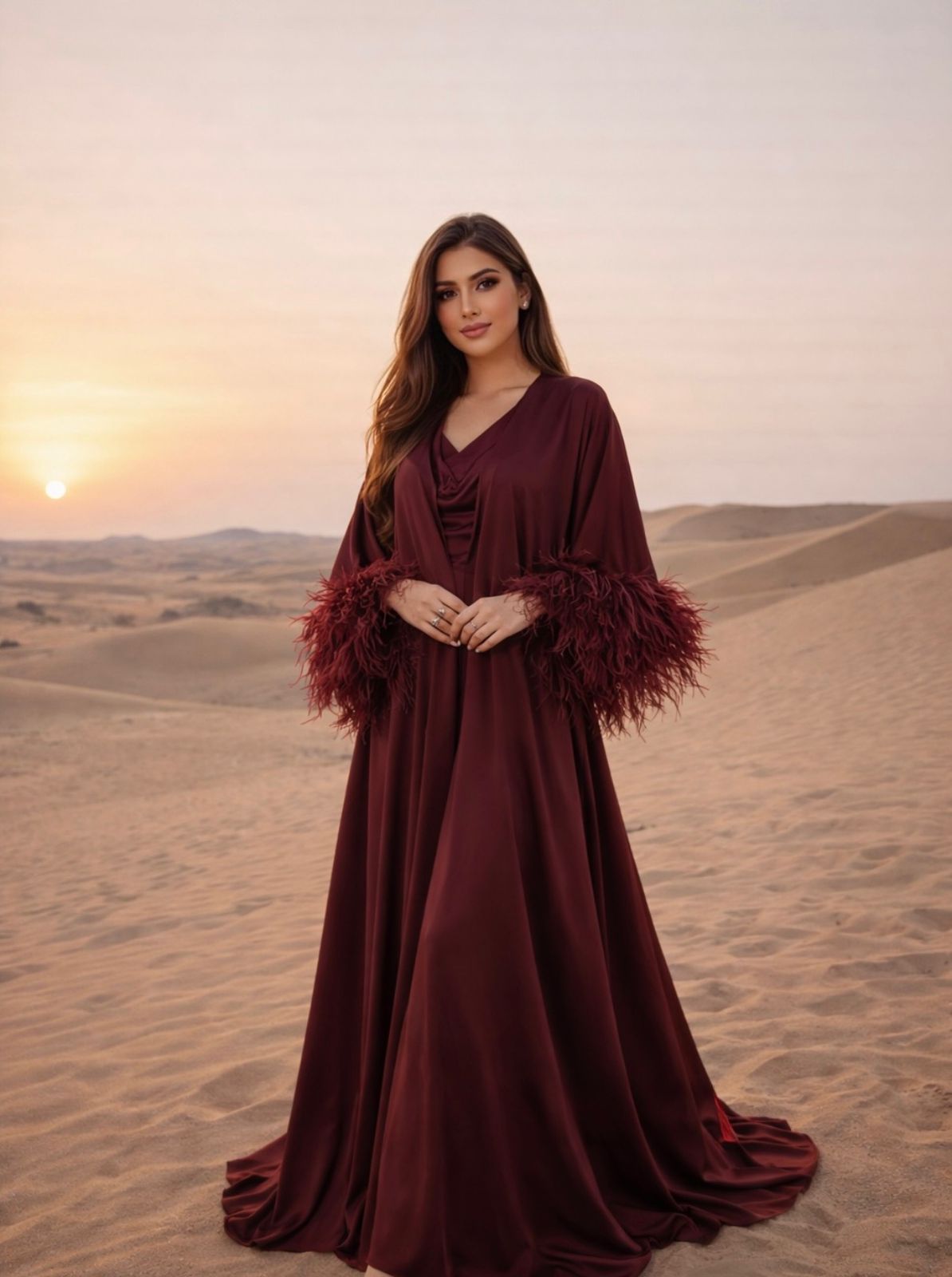 Maroon Feathered Sleeve Gown - Crimson Éclat