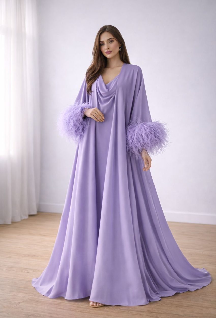 purple-feathered-sleeved-gown
