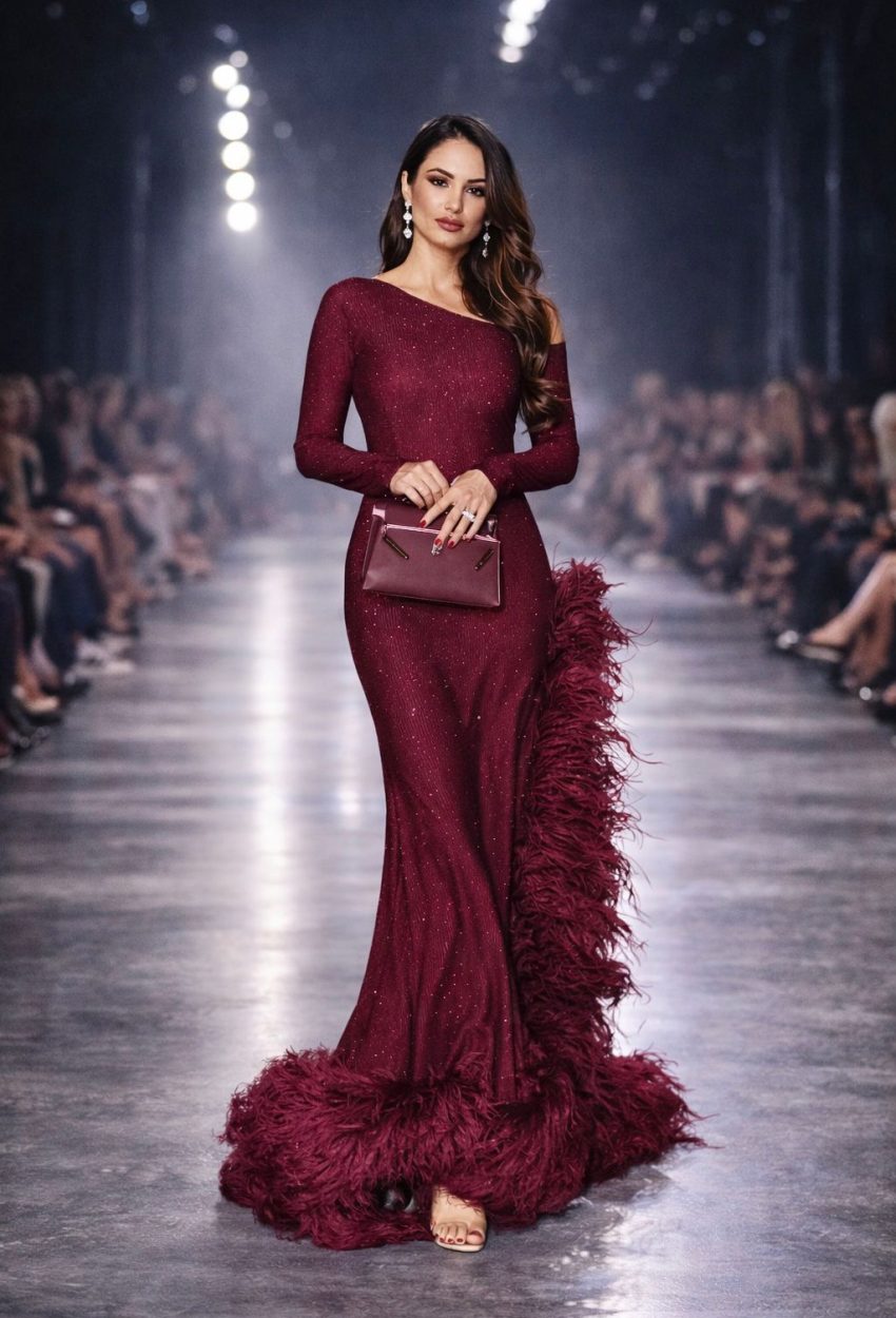 burgundy-feathered-evening-gown